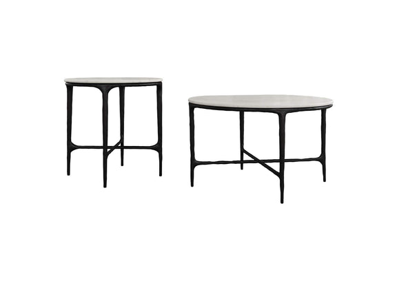 710738-S2 Hermas 2-piece Round Marble Coffee and End Table Set White