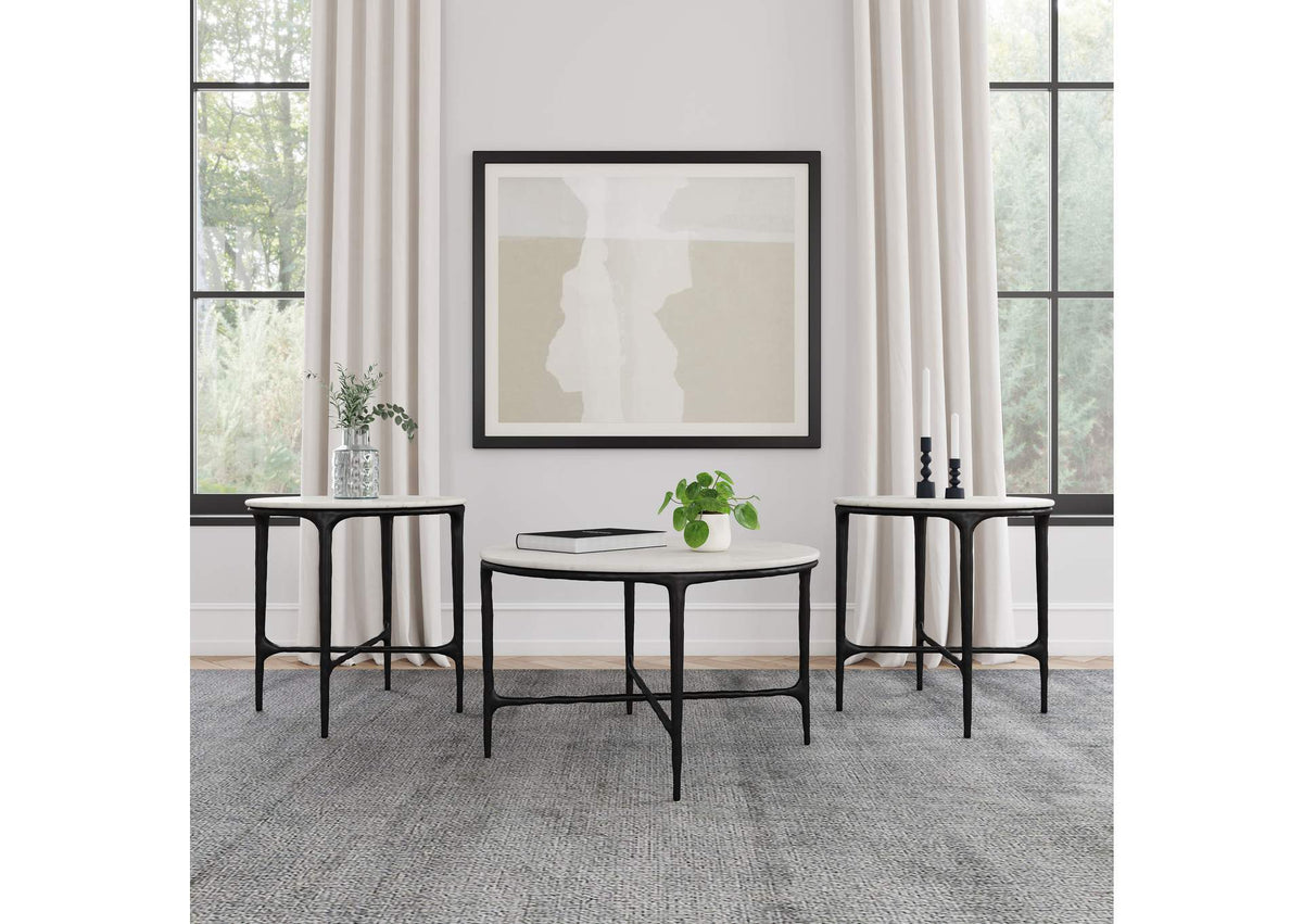 710738-S3 Hermas 3-piece Round Marble Coffee and End Table Set White