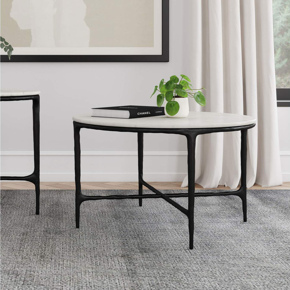 710738 Hermas Round Genuine Marble Top Metal Coffee Table White