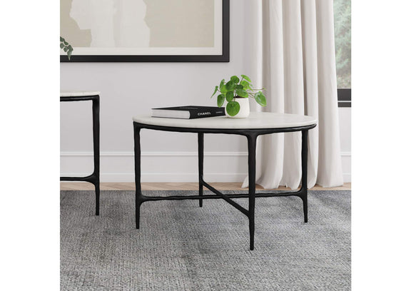 710738 Hermas Round Genuine Marble Top Metal Coffee Table White