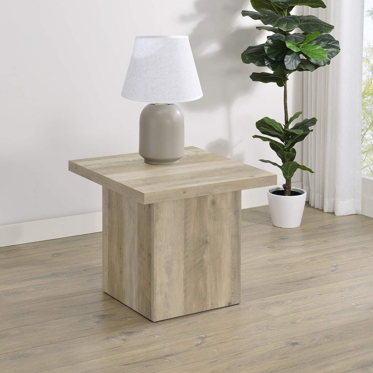 710877 Devar Square Engineered Wood End Table Distressed Pine