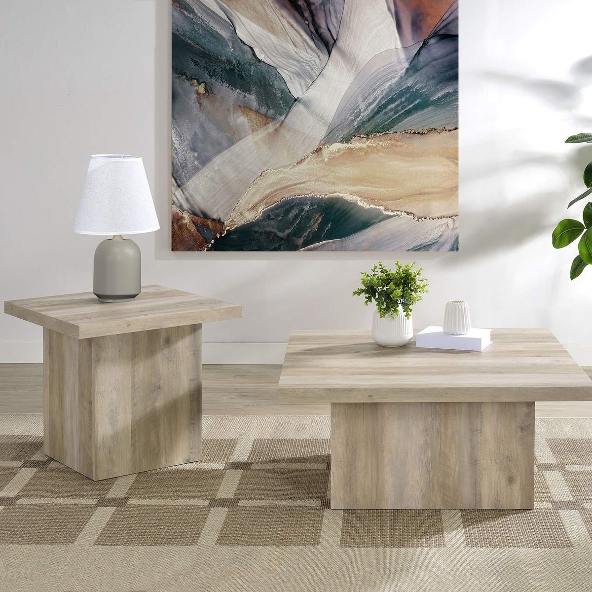 710877 Devar Square Engineered Wood End Table Distressed Pine