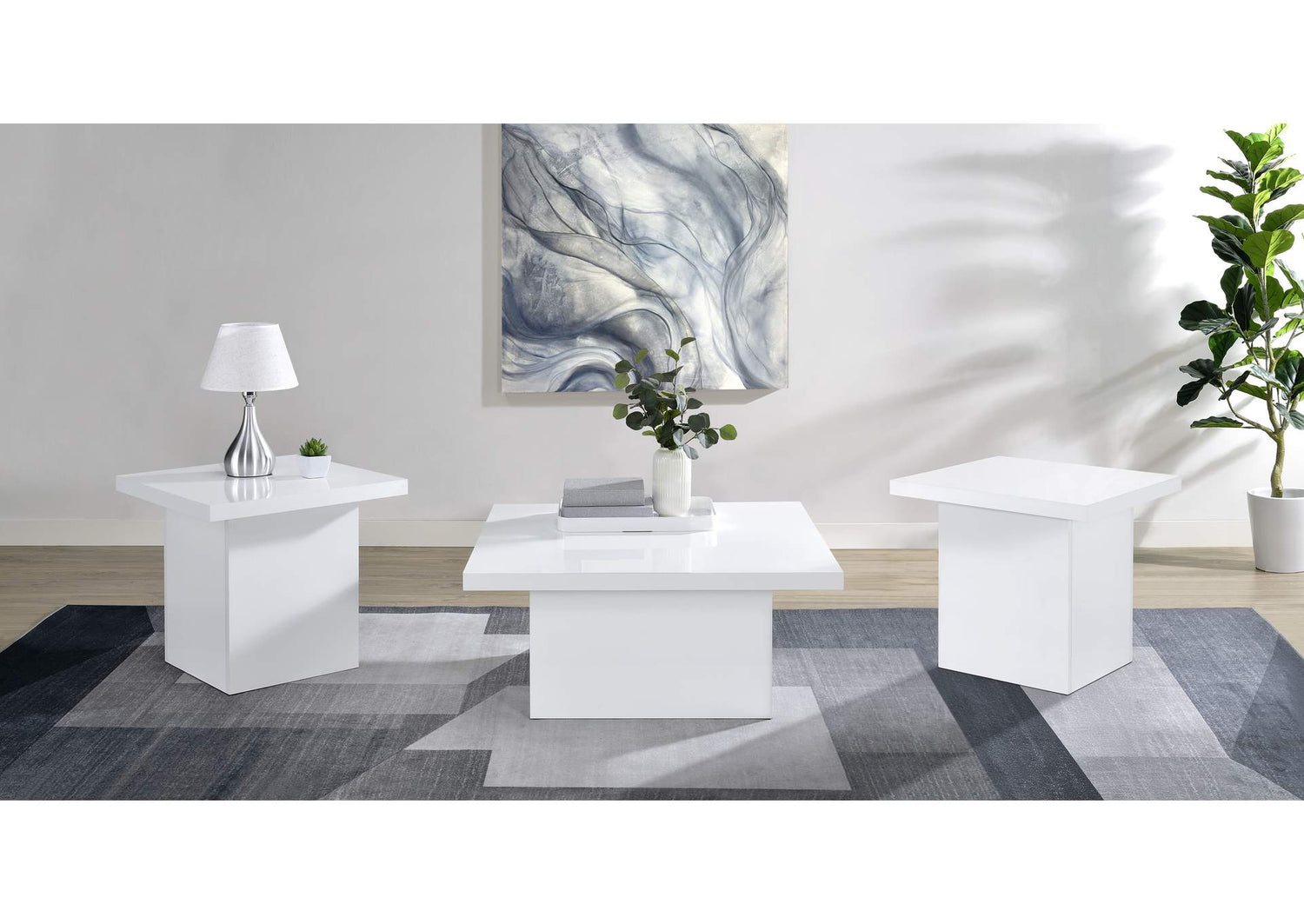 710898-S3 Devar 3-piece Square Coffee End Table Set White High Gloss