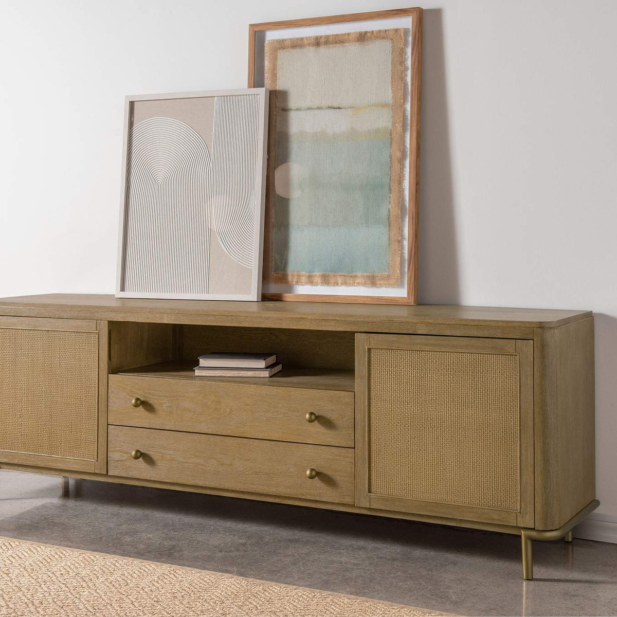 720253 Arini Rattan Cane 2-door TV Stand Media Console Sand Wash