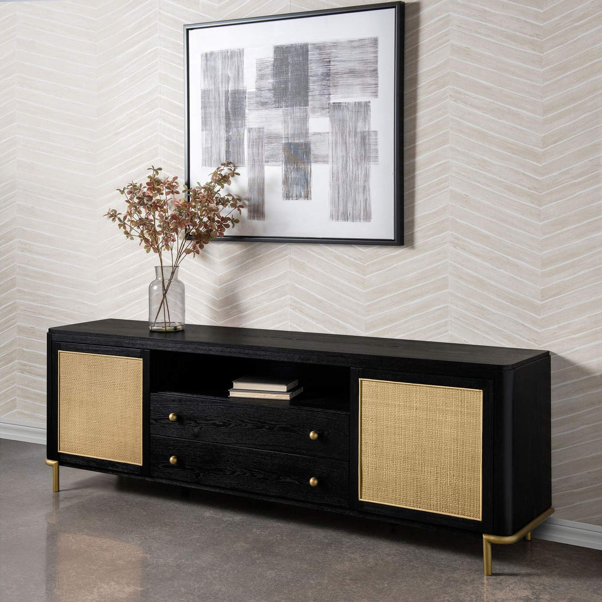 720263 Arini Rattan Cane 2-door TV Stand Media Console Black