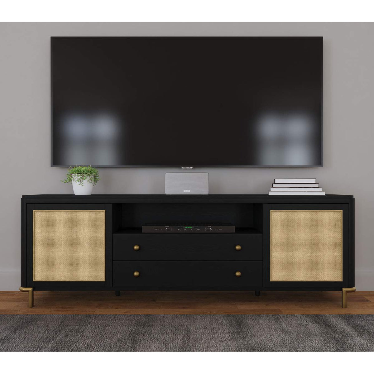 720263 Arini Rattan Cane 2-door TV Stand Media Console Black