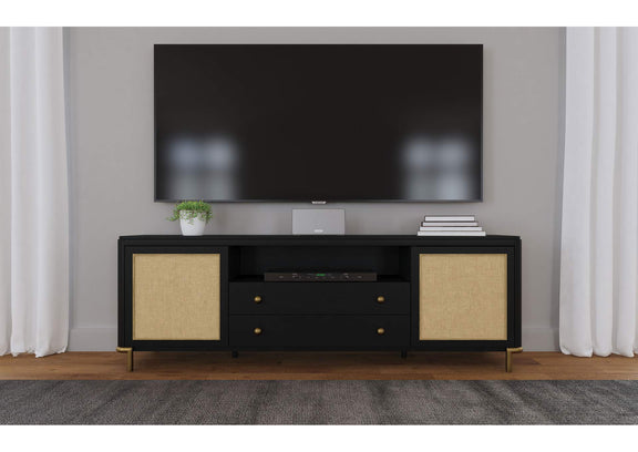 720263 Arini Rattan Cane 2-door TV Stand Media Console Black