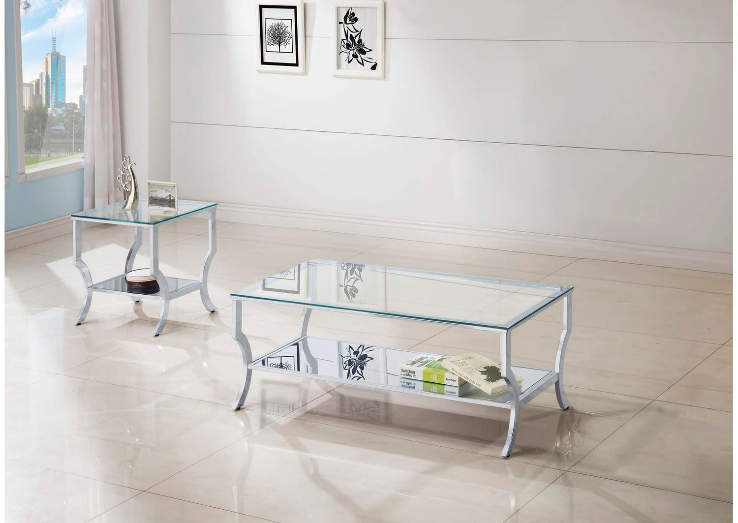 720338-S2 Saide 2-piece Glass Top Coffee and End Table Set Chrome