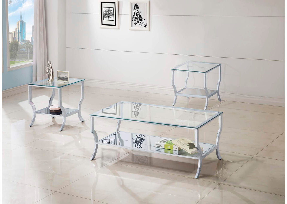 720338-S3 Saide 3-piece Glass Top Coffee and End Table Set Chrome