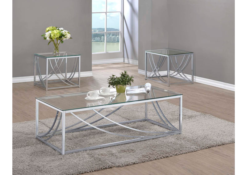 720498-S3 Lille 3-piece Glass Top Coffee And End Table Set Chrome