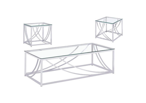 720498-S3 Lille 3-piece Glass Top Coffee And End Table Set Chrome