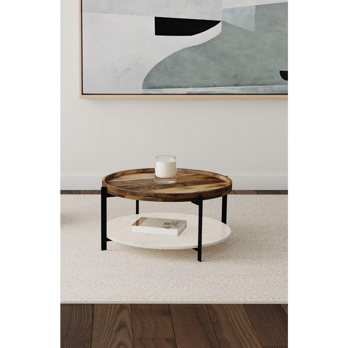 721888 Adhvik Round Wood Top Marble Shelf Coffee Table Natural