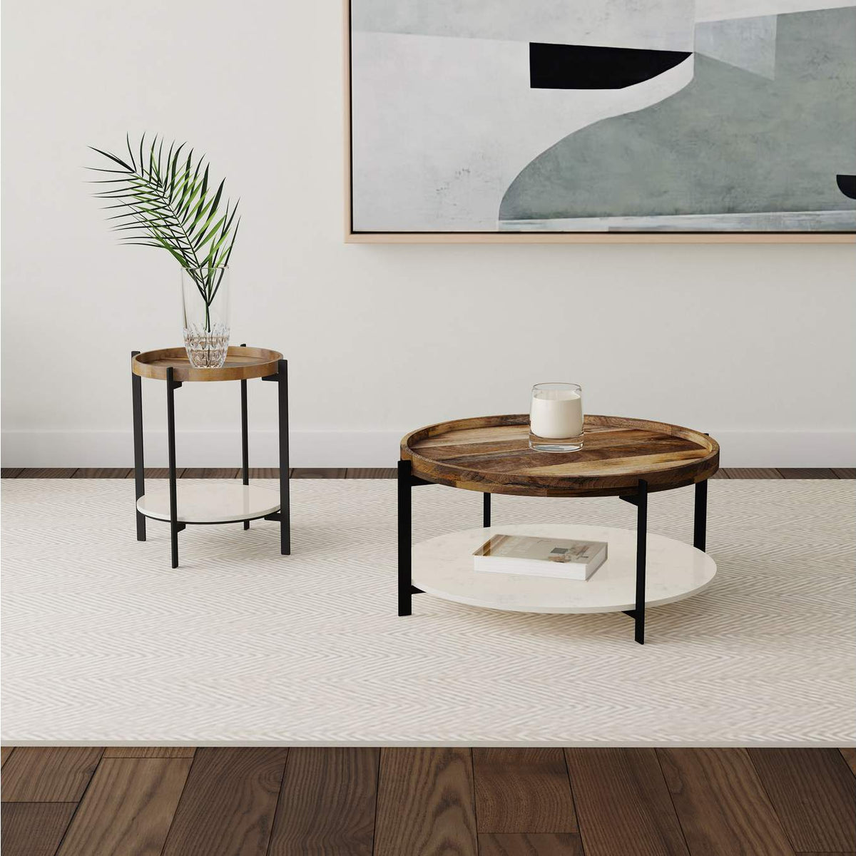 721888 Adhvik Round Wood Top Marble Shelf Coffee Table Natural