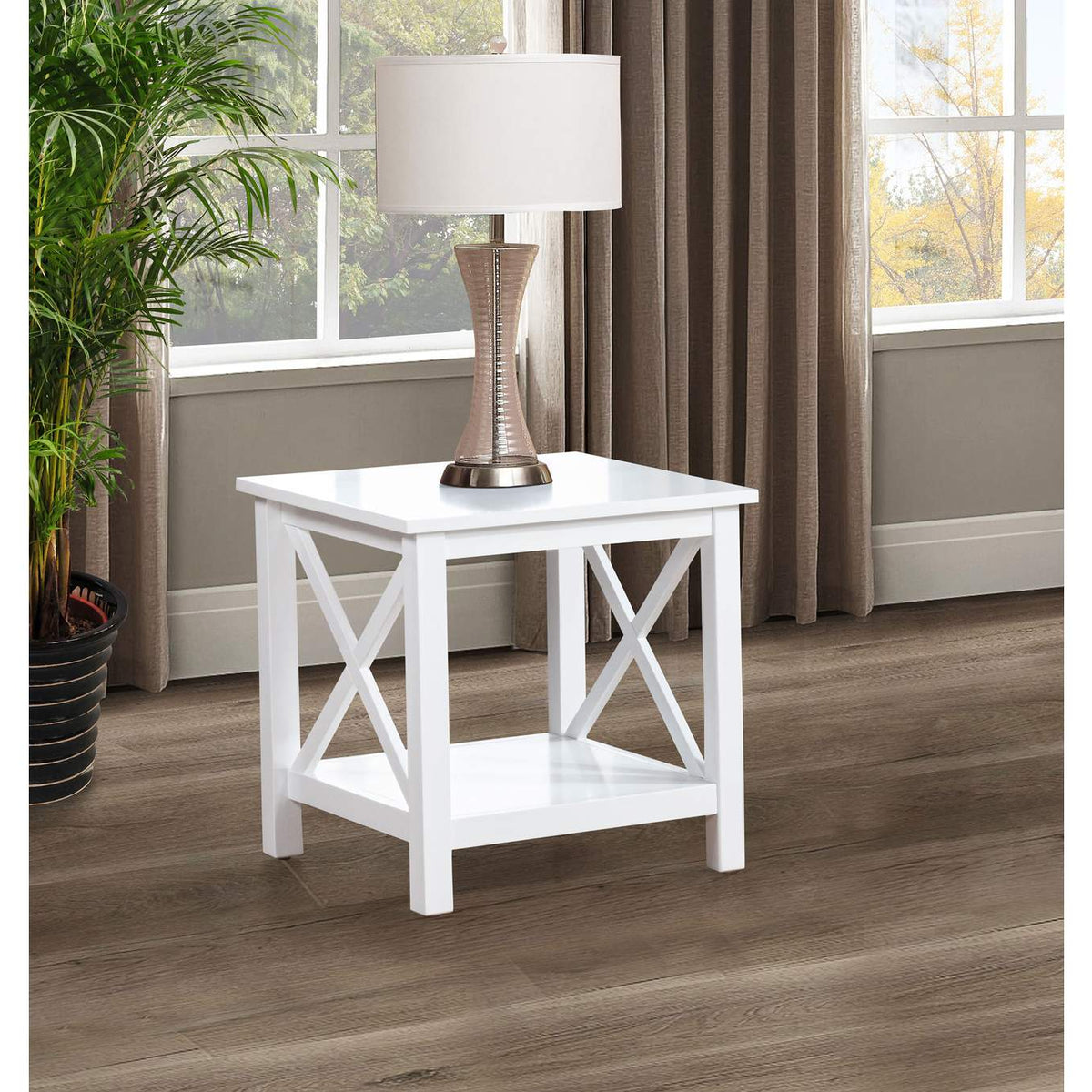 722087 Skyview Square Pine Wood Side End Table with Shelf White