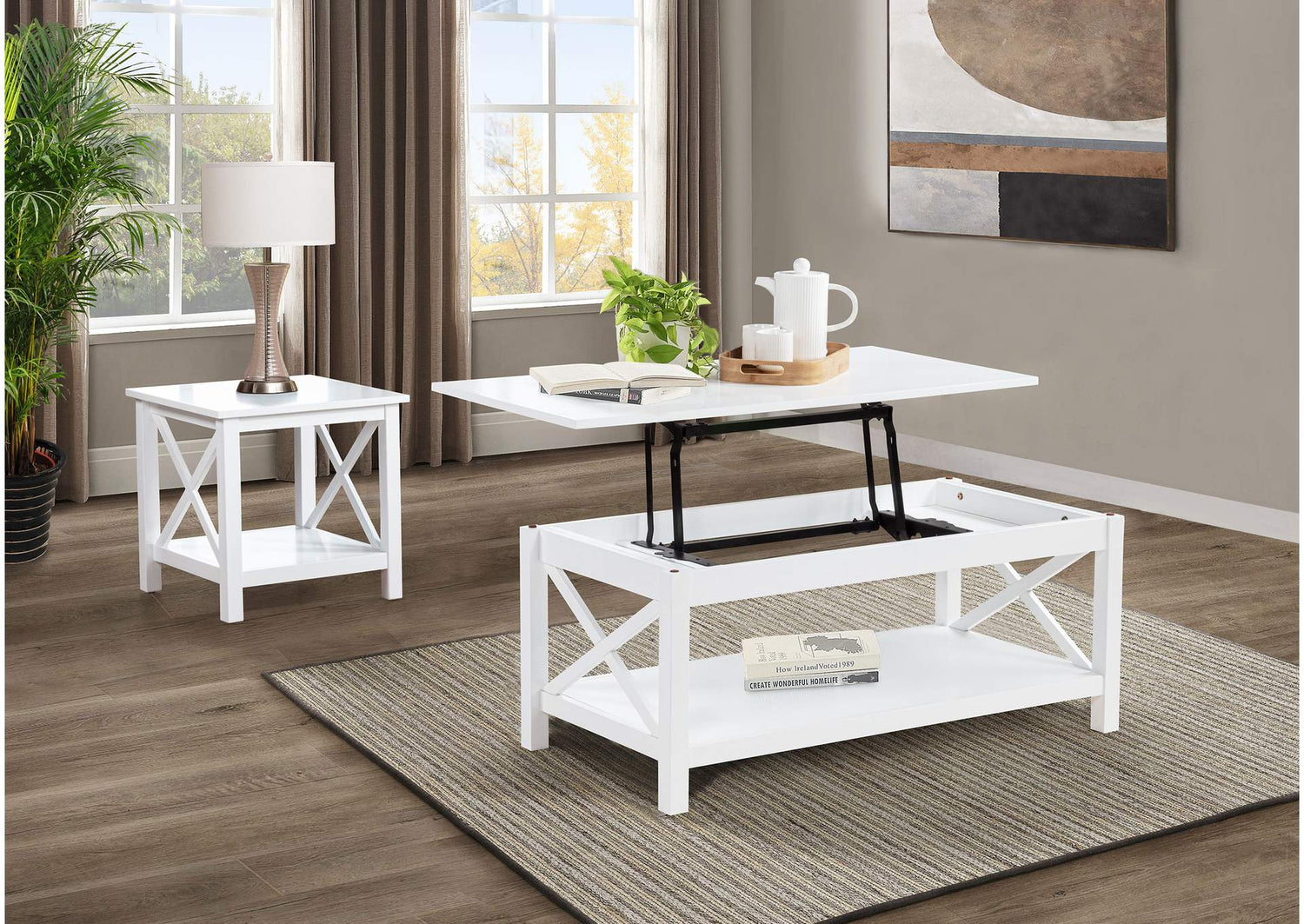 722088-S2 Skyview 2-piece Rectangular Lift Top Coffee Table Set White