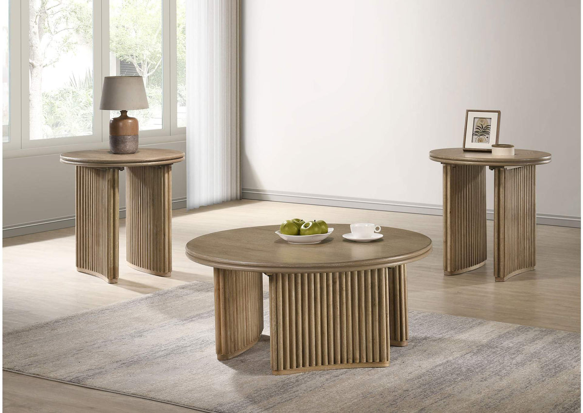 722938-S3 Adina 3-piece Round Coffee Table Set Distressed Light Brown