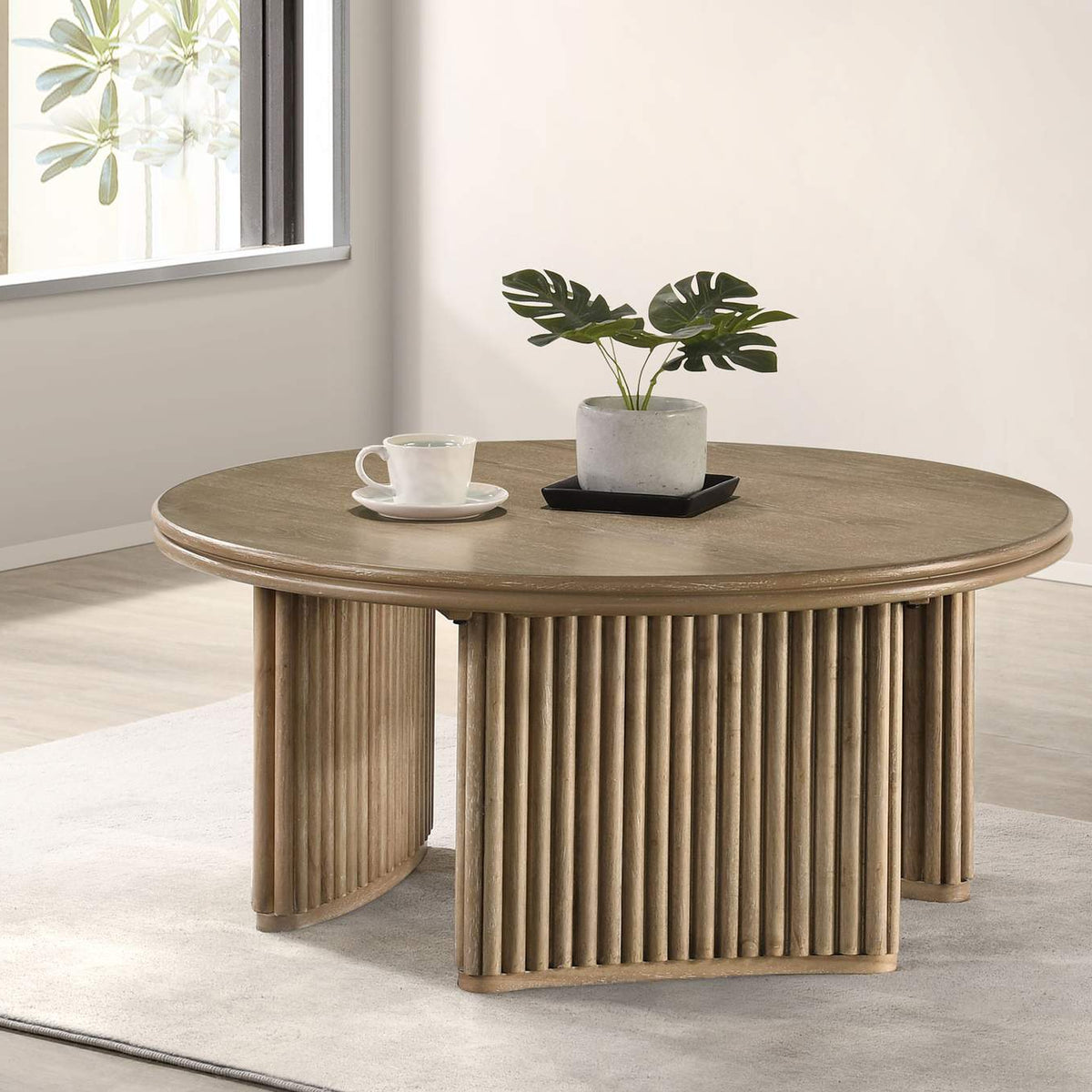 722938 Adina 36-inch Round Wood Coffee Table Distressed Light Brown