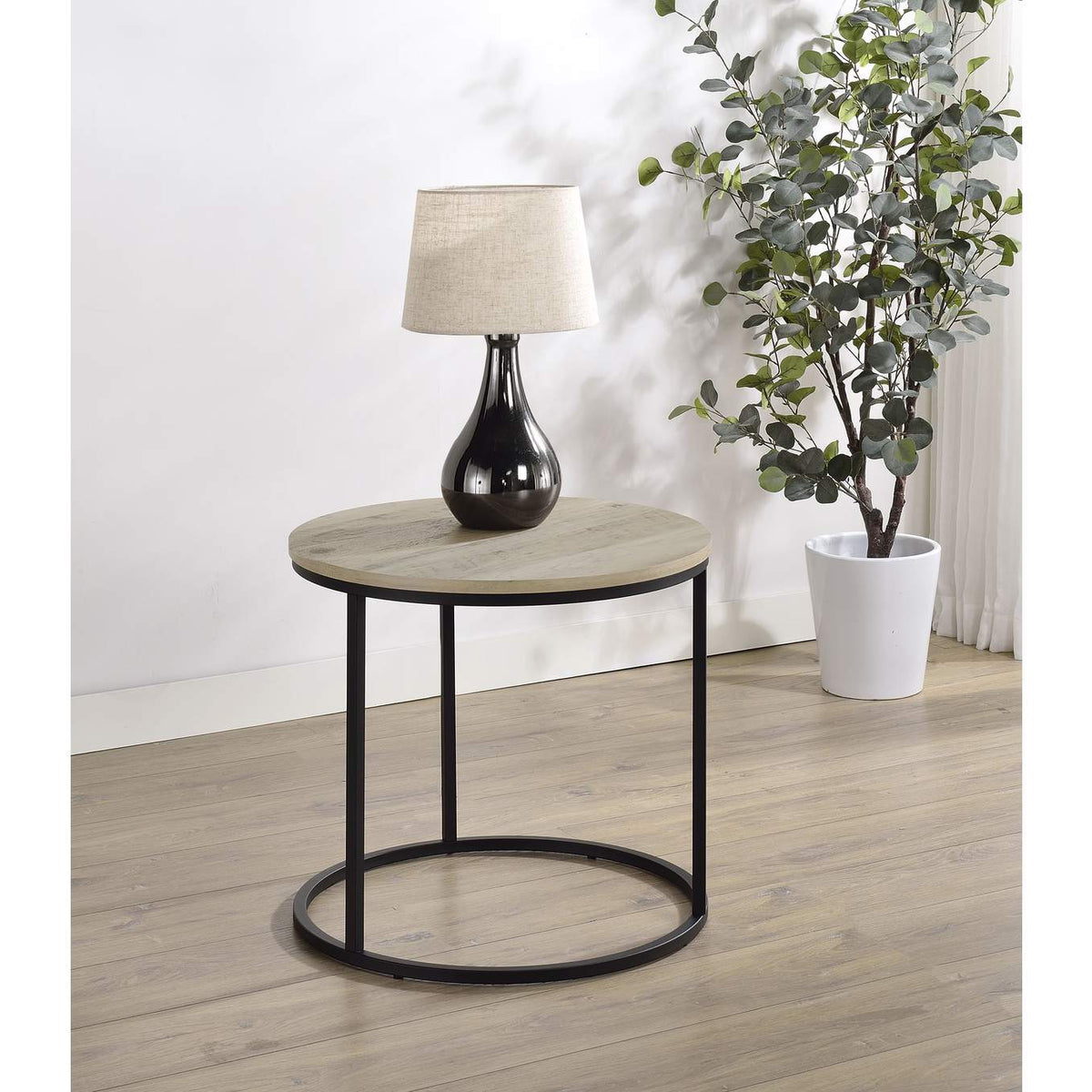 736047 Lainey Round Occasional Side End Table Distressed Pine