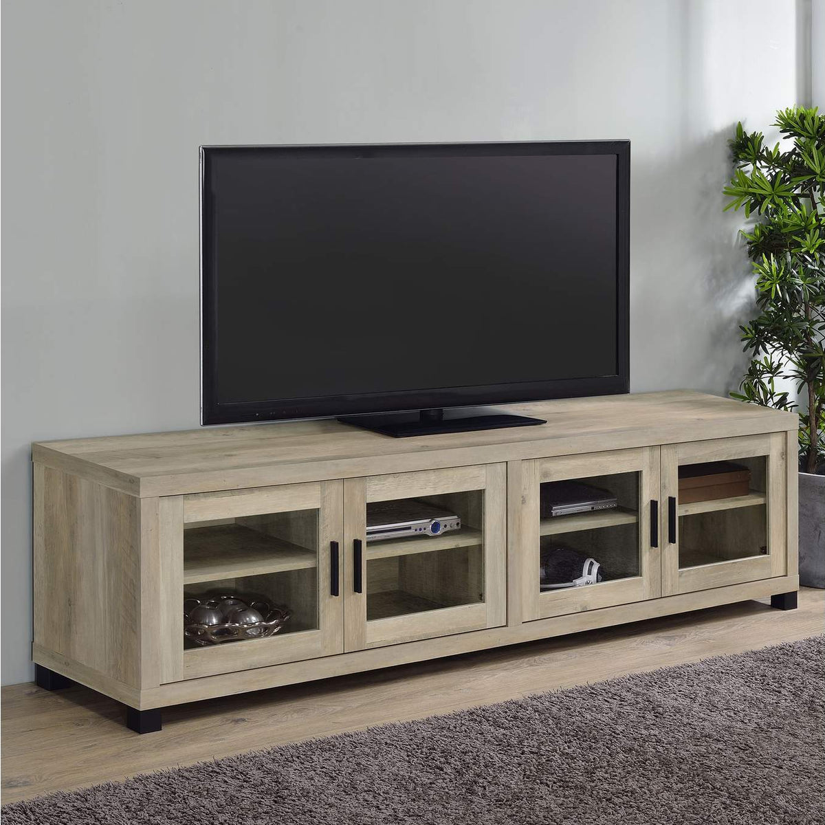 736283 Sachin 4-door Engineered Wood 79-inch TV Stand Distressed Pine