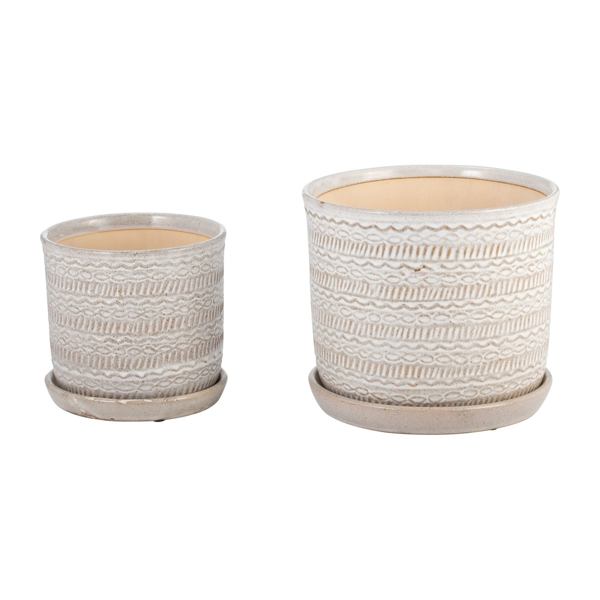 Tribal Planter With Saucer 6 / 8" (Set of 2) - Beige