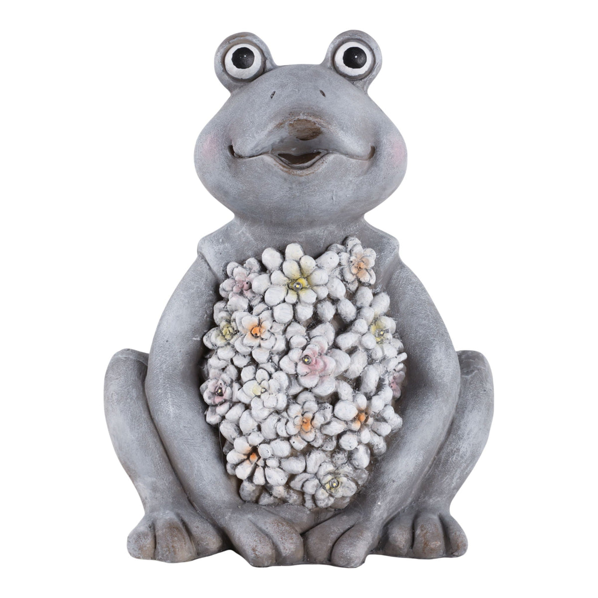 13" x 10" Sitting Frog With Solar Flowers - Gray Multi