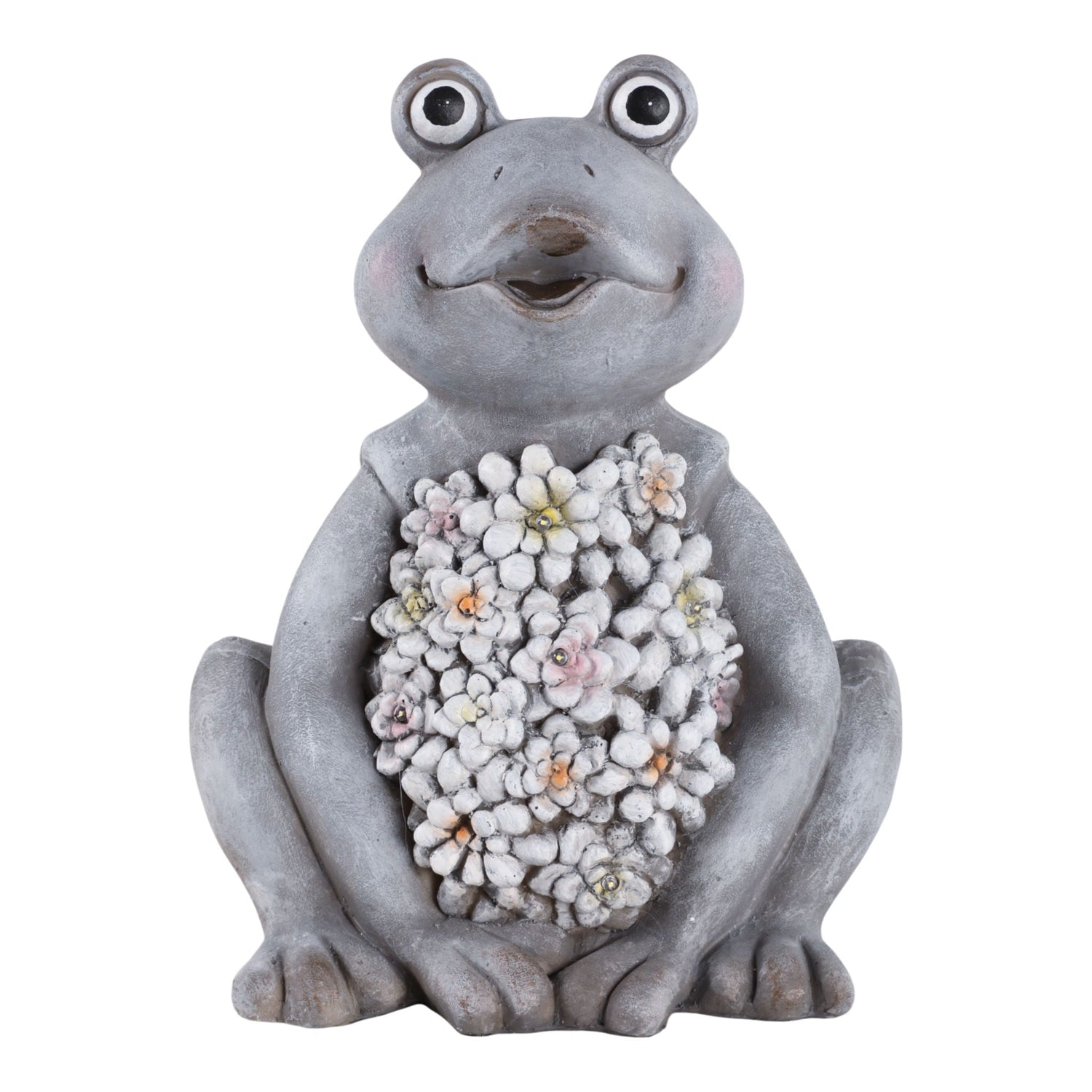 13" x 10" Sitting Frog With Solar Flowers - Gray Multi