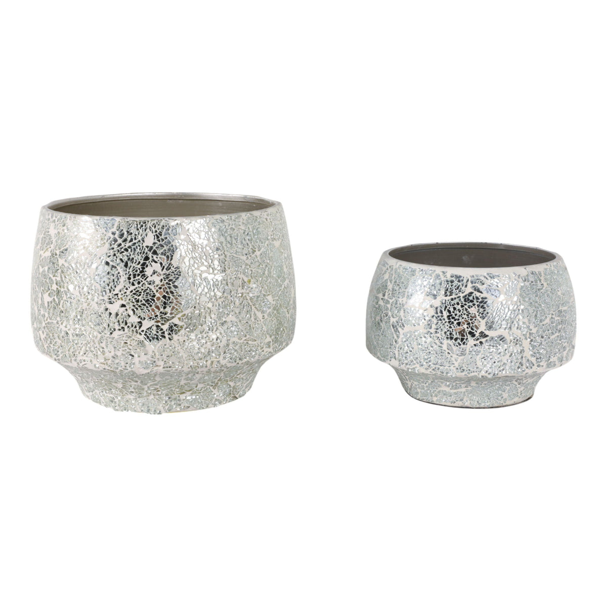 9 / 11" Curved Crackle Mosaic Planter (Set of 2) - Silver