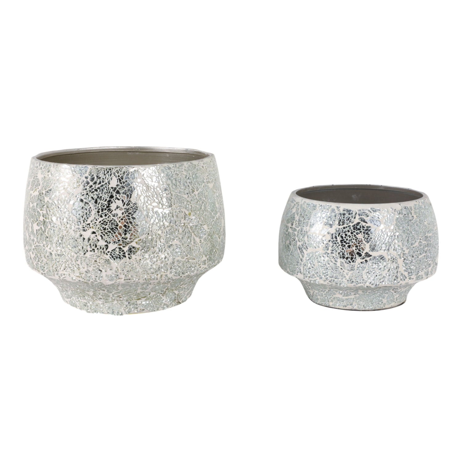 9 / 11" Curved Crackle Mosaic Planter (Set of 2) - Silver