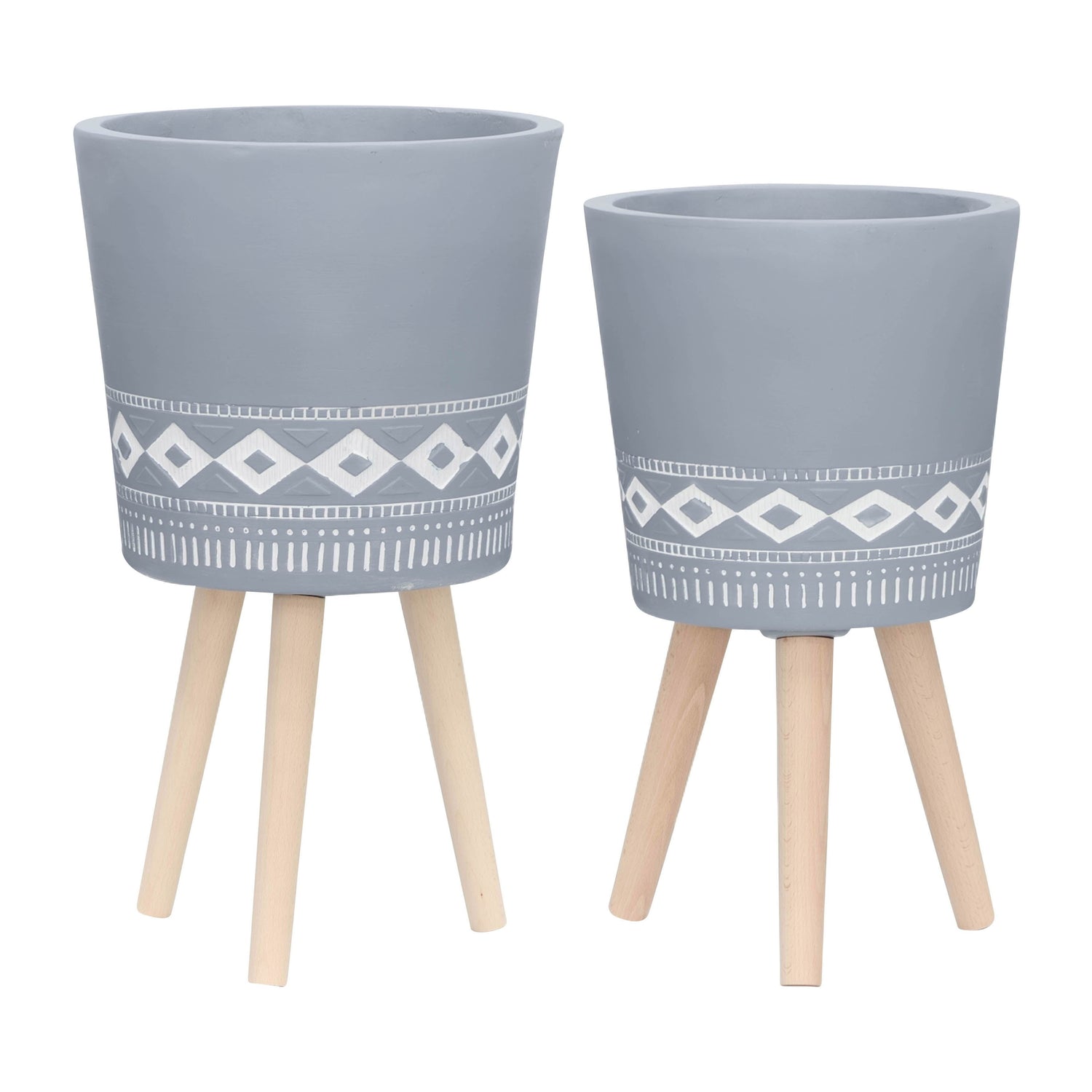 Diamond Planter With Wood Legs 10 / 12" (Set of 2) - Gray / White