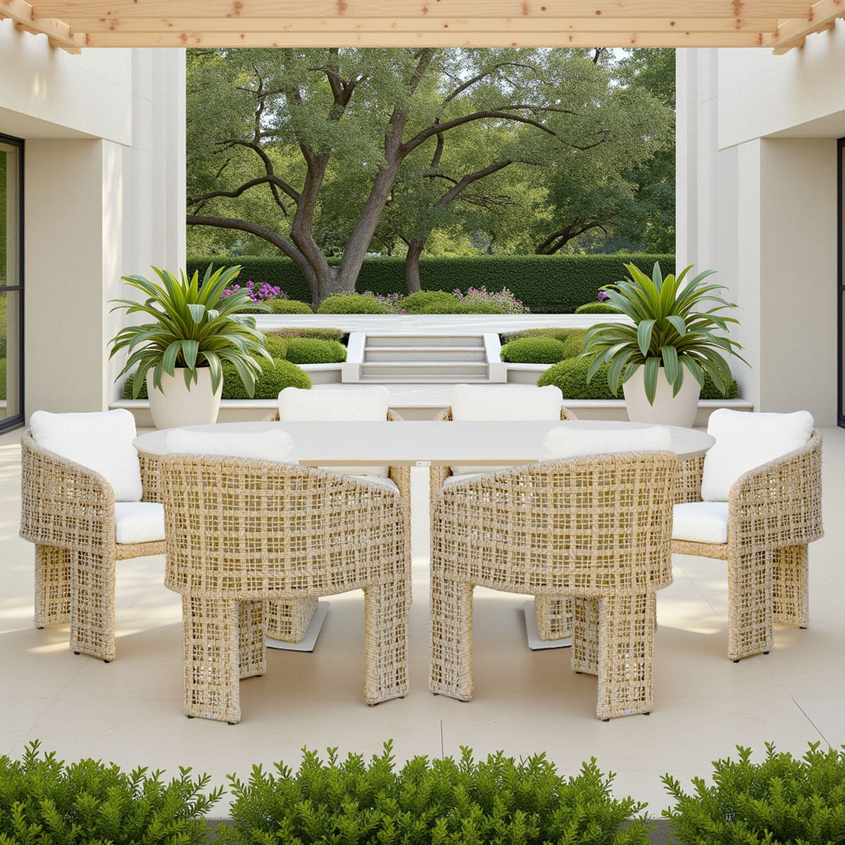 Driftbay - 7-Piece Coastal Rope Outdoor Dining Set - White / Natural