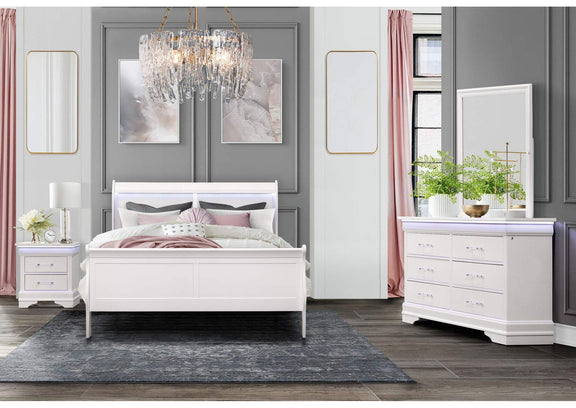 CHARLIE-WHITE-QB_DR_MR_NS CHARLIE WHITE QUEEN BED WITH LED, DRESSER, MIRROR AND NIGTHSTAND