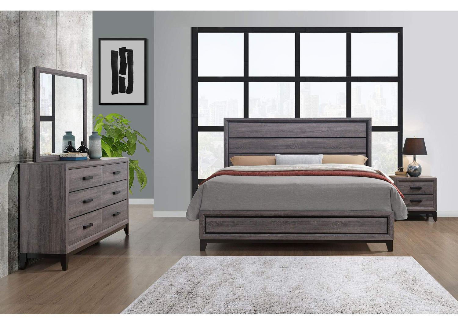 KATE-GR-KB_DR_MR_NS KATE FOIL GREY KING BED, DRESSER, MIRROR, NIGHTSTAND
