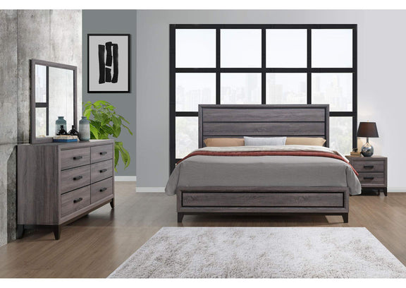 KATE-GR-KB_DR_MR_NS KATE FOIL GREY KING BED, DRESSER, MIRROR, NIGHTSTAND