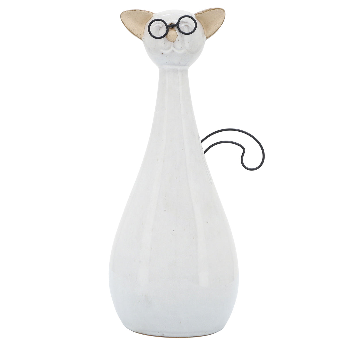 Ceramic 10" Chubby Cat With Glasses - Beige