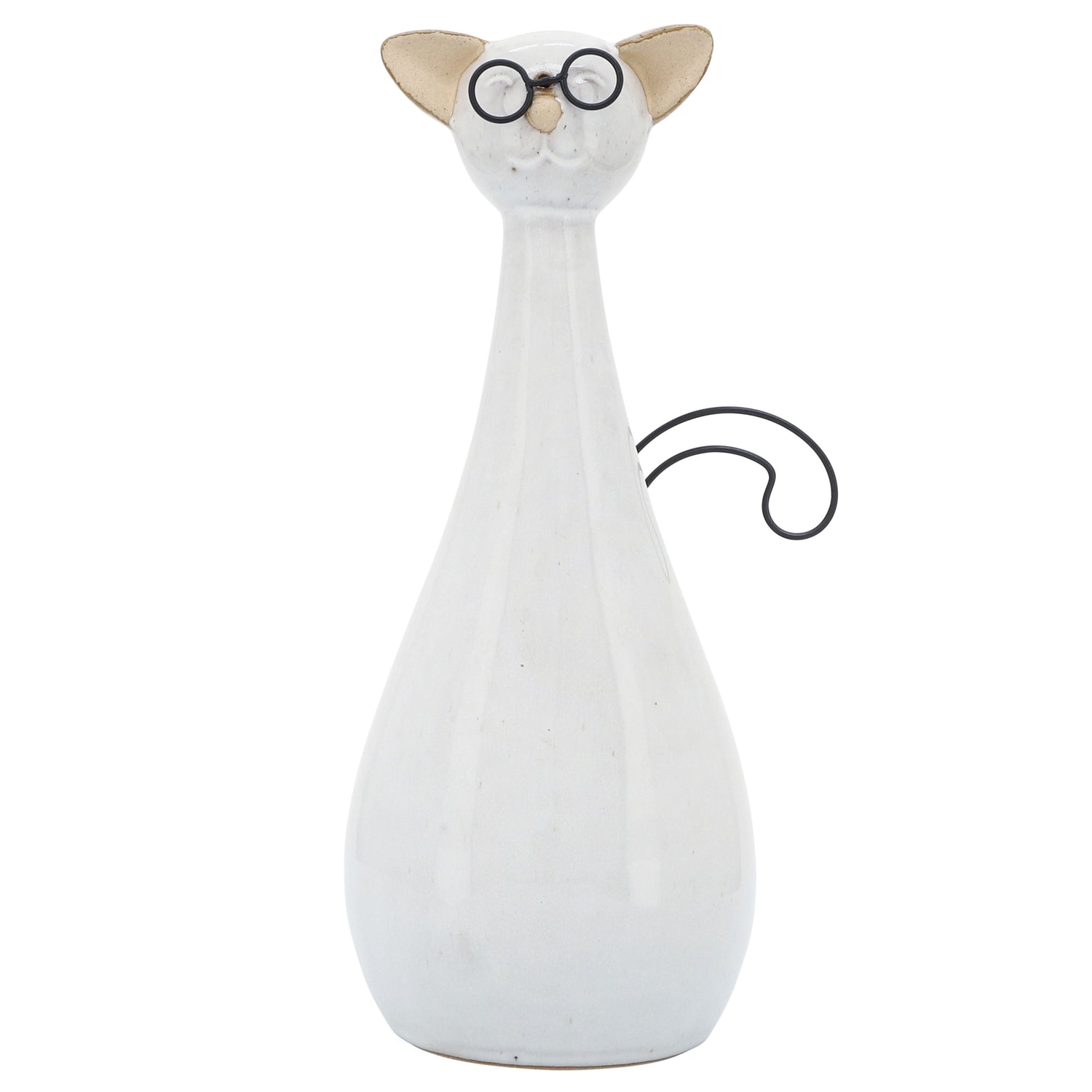 Ceramic 10" Chubby Cat With Glasses - Beige