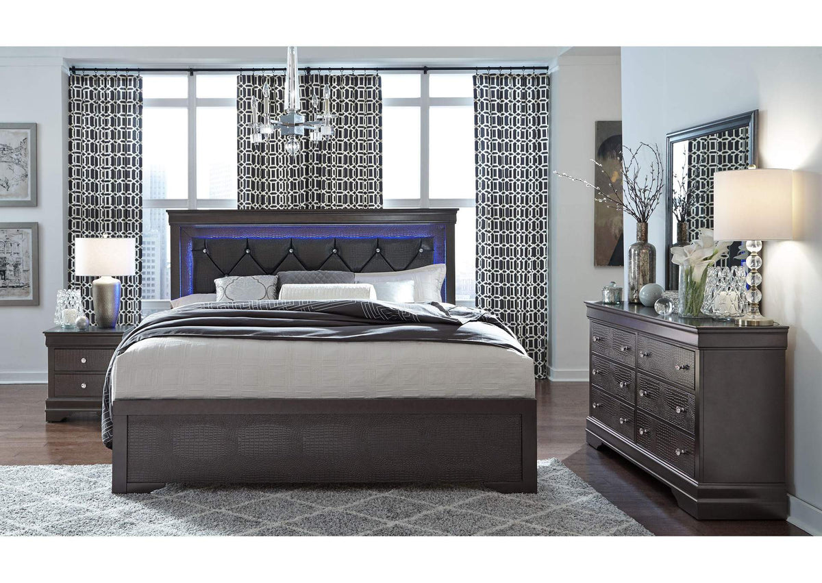POMPEI-GR-QB_DR_MR_2NS-N POMPEI METALLIC GREY QUEEN BED, DRESSER, MIRROR AND 2 NIGHTSTANDS