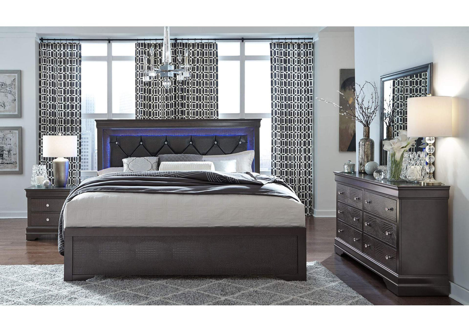 POMPEI-GR-QB_DR_MR_2NS-N POMPEI METALLIC GREY QUEEN BED, DRESSER, MIRROR AND 2 NIGHTSTANDS