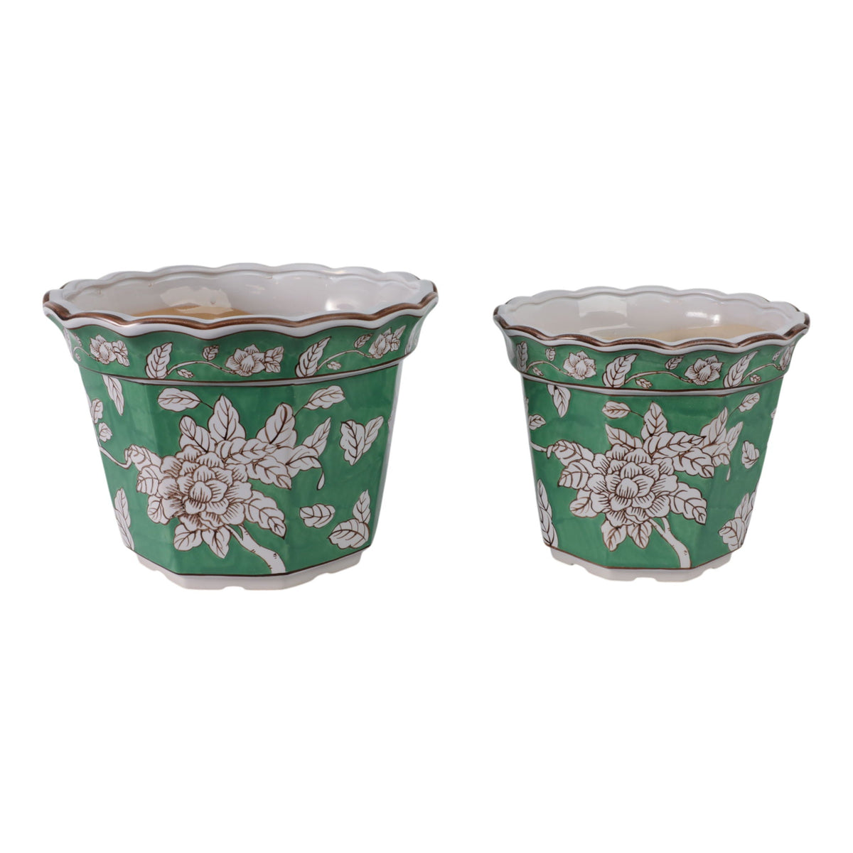 10" / 12" Bird & Flower Chinoiserie Planters (Set of 2) - Green