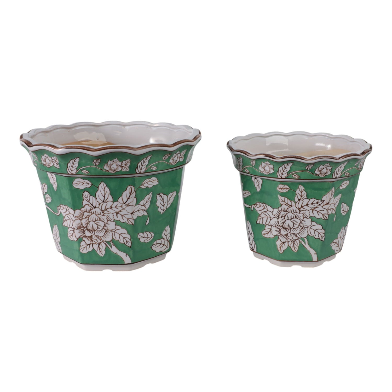 10" / 12" Bird & Flower Chinoiserie Planters (Set of 2) - Green