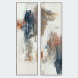 Two abstract art pieces with brown, blue, and white colors on a light gray background.