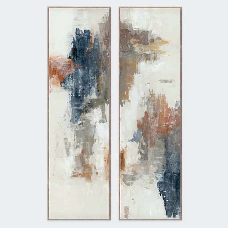 Two abstract art pieces with brown, blue, and white colors on a light gray background.