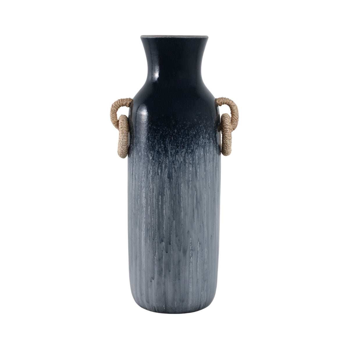 24" Vase With Rattan Handles Reactive Finish - Blue
