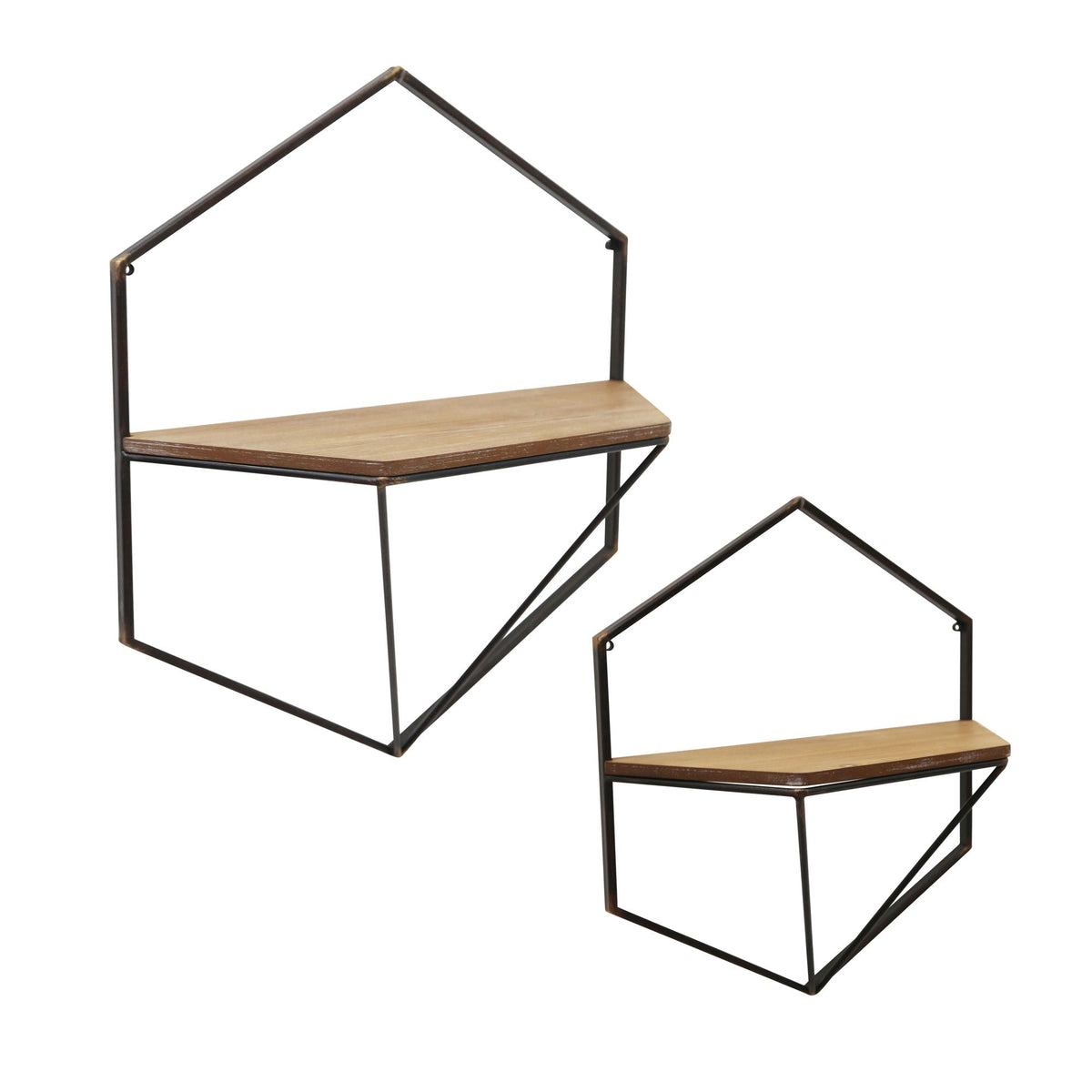 Metal Wood Hexagon Wall Shelves (Set of 2) - Brown