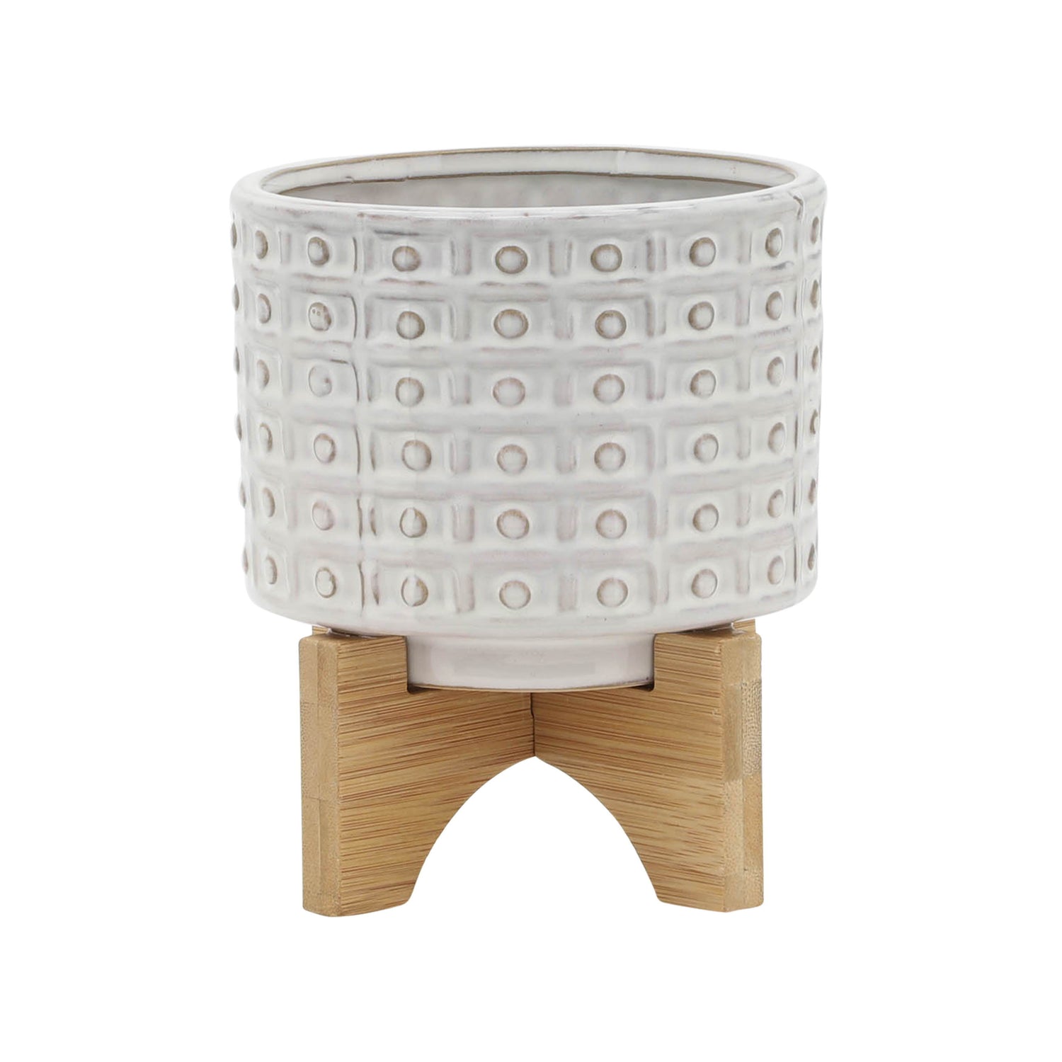 Ceramic Dotted Planter With Wood Stand 5" - Ivory