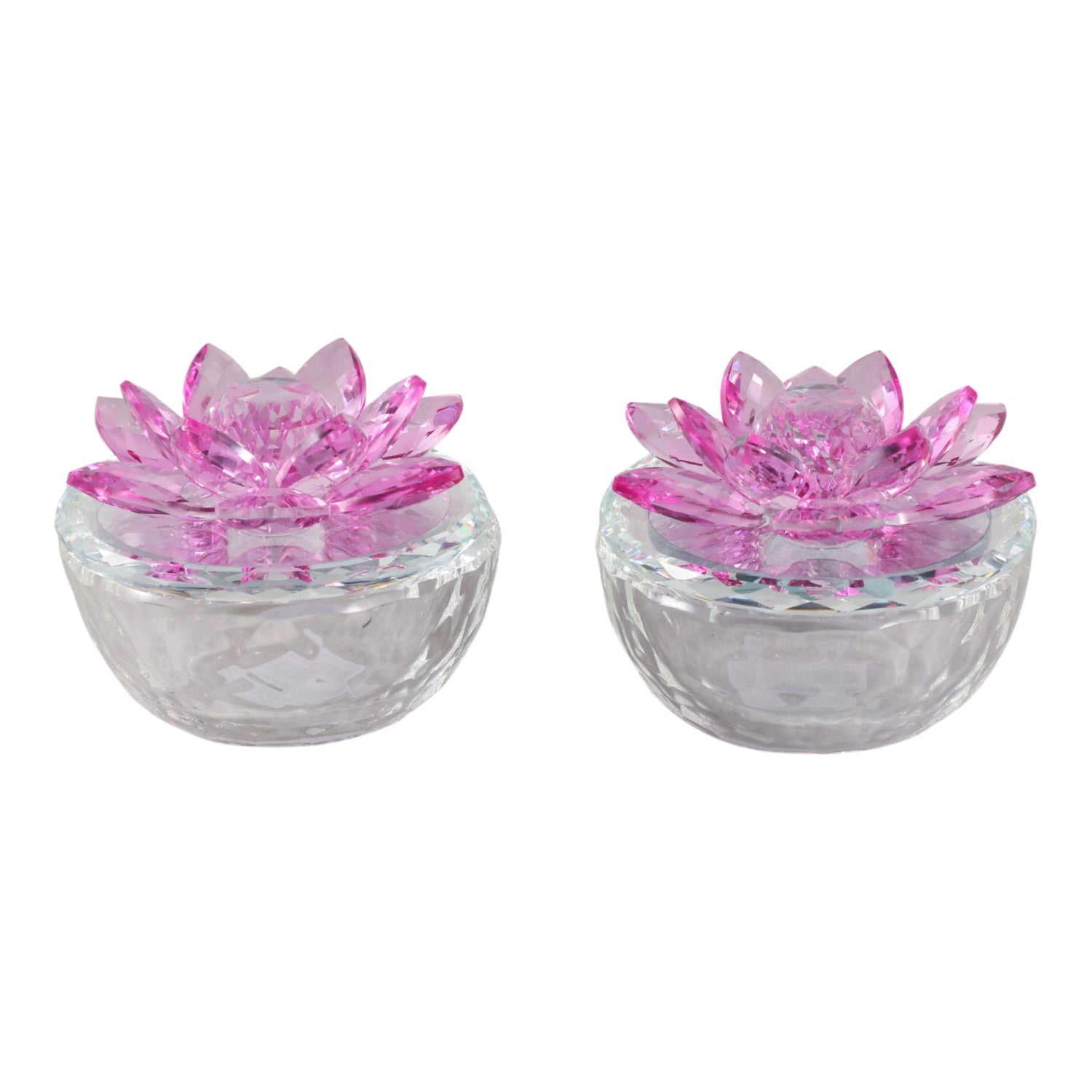 Glass Trinket Box With Lotus Top (Set of 2) - Clear / Fushia
