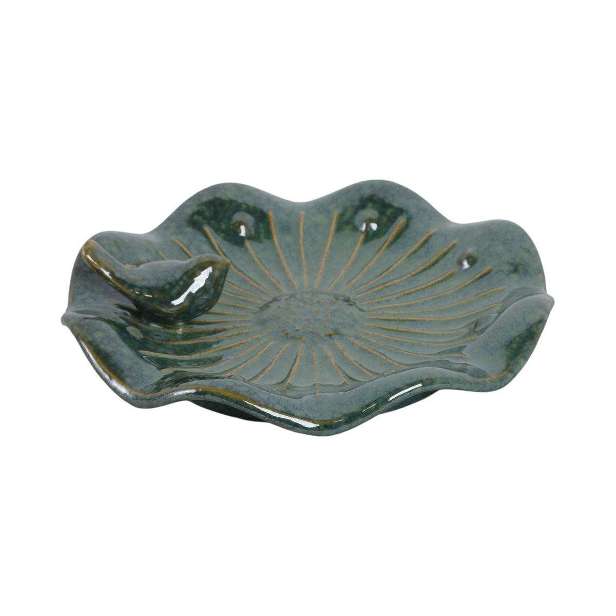 10" x 2" Flower Birdbath With Perched Bird - Green