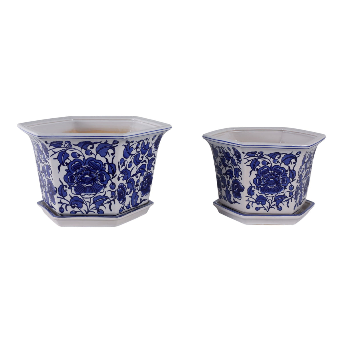 10" / 12" Chinoiserie Saucer Planter (Set of 2) - White / Blue