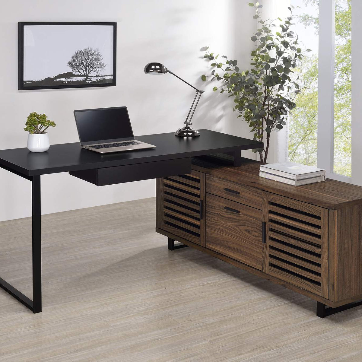 801861 Maddox 60-inch L-Shape Office Computer Desk Black and Walnut