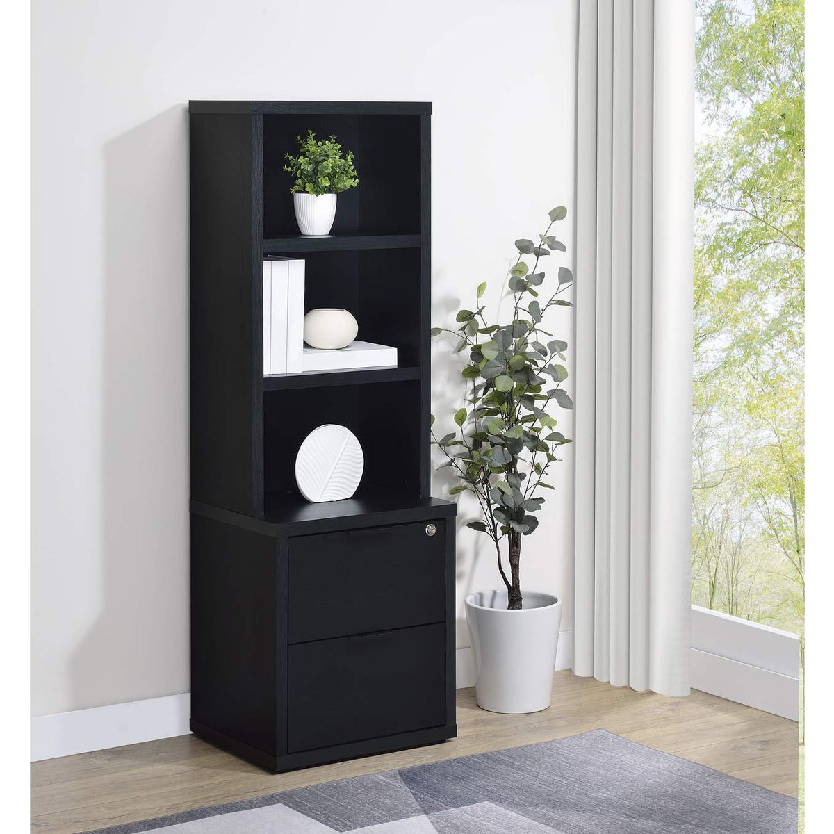 802703 Westpark 3-shelf Bookcase USB and Lockable Drawer Black