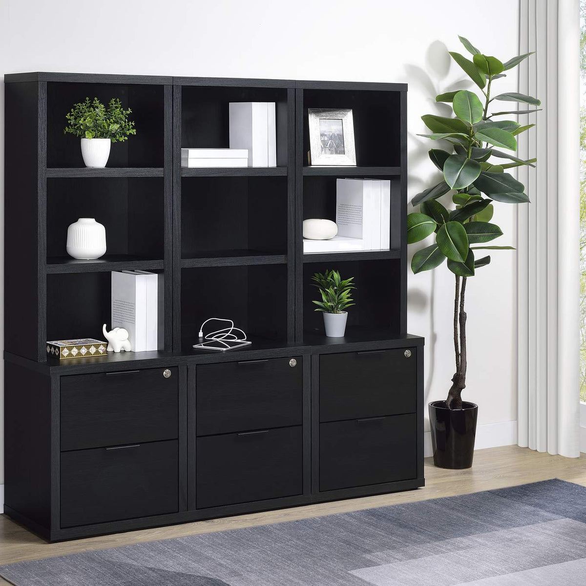 802703 Westpark 3-shelf Bookcase USB and Lockable Drawer Black